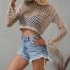 Women Long Sleeves Knitted Shirt Summer Flared Sleeves Loose Casual Beach Blouse Round Neck Hollow out Tops Khaki M