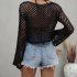 Women Long Sleeves Knitted Shirt Summer Flared Sleeves Loose Casual Beach Blouse Round Neck Hollow out Tops Khaki M