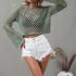 Women Long Sleeves Knitted Shirt Summer Flared Sleeves Loose Casual Beach Blouse Round Neck Hollow out Tops Khaki M