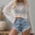 Women Long Sleeves Knitted Shirt Summer Flared Sleeves Loose Casual Beach Blouse Round Neck Hollow out Tops Khaki M