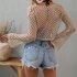 Women Long Sleeves Knitted Shirt Summer Flared Sleeves Loose Casual Beach Blouse Round Neck Hollow out Tops Khaki M