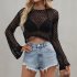 Women Long Sleeves Knitted Shirt Summer Flared Sleeves Loose Casual Beach Blouse Round Neck Hollow out Tops Khaki M