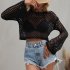 Women Long Sleeves Knitted Shirt Summer Flared Sleeves Loose Casual Beach Blouse Round Neck Hollow out Tops Khaki M