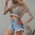 Women Long Sleeves Knitted Shirt Summer Flared Sleeves Loose Casual Beach Blouse Round Neck Hollow out Tops Khaki L