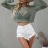 Women Long Sleeves Knitted Shirt Summer Flared Sleeves Loose Casual Beach Blouse Round Neck Hollow out Tops Khaki L