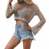 Women Long Sleeves Knitted Shirt Summer Flared Sleeves Loose Casual Beach Blouse Round Neck Hollow out Tops Khaki L