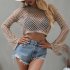 Women Long Sleeves Knitted Shirt Summer Flared Sleeves Loose Casual Beach Blouse Round Neck Hollow out Tops Khaki L