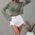 Women Long Sleeves Knitted Shirt Summer Flared Sleeves Loose Casual Beach Blouse Round Neck Hollow out Tops Khaki L