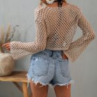 Women Long Sleeves Knitted Shirt Summer Flared Sleeves Loose Casual Beach Blouse Round Neck Hollow-out Tops Khaki XL
