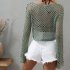 Women Long Sleeves Knitted Shirt Summer Flared Sleeves Loose Casual Beach Blouse Round Neck Hollow out Tops Khaki XL
