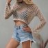 Women Long Sleeves Knitted Shirt Summer Flared Sleeves Loose Casual Beach Blouse Round Neck Hollow out Tops Khaki L