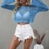 Women Long Sleeves Knitted Shirt Summer Flared Sleeves Loose Casual Beach Blouse Round Neck Hollow out Tops Khaki XL