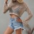 Women Long Sleeves Knitted Shirt Summer Flared Sleeves Loose Casual Beach Blouse Round Neck Hollow out Tops Khaki XL