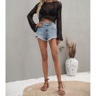 Women Long Sleeves Knitted Shirt Summer Flared Sleeves Loose Casual Beach Blouse Round Neck Hollow-out Tops black XL