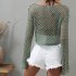 Women Long Sleeves Knitted Shirt Summer Flared Sleeves Loose Casual Beach Blouse Round Neck Hollow out Tops Khaki XL
