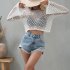 Women Long Sleeves Knitted Shirt Summer Flared Sleeves Loose Casual Beach Blouse Round Neck Hollow out Tops White S