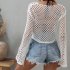 Women Long Sleeves Knitted Shirt Summer Flared Sleeves Loose Casual Beach Blouse Round Neck Hollow out Tops White S