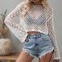 Women Long Sleeves Knitted Shirt Summer Flared Sleeves Loose Casual Beach Blouse Round Neck Hollow out Tops White S