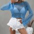 Women Long Sleeves Knitted Shirt Summer Flared Sleeves Loose Casual Beach Blouse Round Neck Hollow out Tops White S