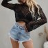 Women Long Sleeves Knitted Shirt Summer Flared Sleeves Loose Casual Beach Blouse Round Neck Hollow out Tops White S