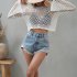 Women Long Sleeves Knitted Shirt Summer Flared Sleeves Loose Casual Beach Blouse Round Neck Hollow out Tops White S