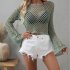 Women Long Sleeves Knitted Shirt Summer Flared Sleeves Loose Casual Beach Blouse Round Neck Hollow out Tops White S