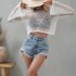 Women Long Sleeves Knitted Shirt Summer Flared Sleeves Loose Casual Beach Blouse Round Neck Hollow out Tops White M