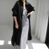 Women Long Sleeves Long Shirt Trendy Lapel Slit Cotton Linen Tops Solid Color Single Breasted Cardigan Jacket navy blue L