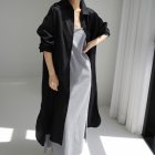 Women Long Sleeves Long Shirt Trendy Lapel Slit Cotton Linen Tops Solid Color Single Breasted Cardigan Jacket black L
