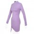 Women Long Sleeves Ruched Dress Elegant Turtleneck Skinny Stretchy Bodycon Skirt High Waist Solid Color Short Dress Purple M