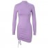 Women Long Sleeves Ruched Dress Elegant Turtleneck Skinny Stretchy Bodycon Skirt High Waist Solid Color Short Dress black M