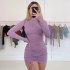 Women Long Sleeves Ruched Dress Elegant Turtleneck Skinny Stretchy Bodycon Skirt High Waist Solid Color Short Dress black M