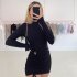 Women Long Sleeves Ruched Dress Elegant Turtleneck Skinny Stretchy Bodycon Skirt High Waist Solid Color Short Dress black M