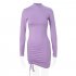 Women Long Sleeves Ruched Dress Elegant Turtleneck Skinny Stretchy Bodycon Skirt High Waist Solid Color Short Dress black M