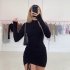 Women Long Sleeves Ruched Dress Elegant Turtleneck Skinny Stretchy Bodycon Skirt High Waist Solid Color Short Dress black M