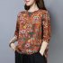 Women Long Sleeves Shirt Trendy Round Neck Retro Printing Tops Loose Large Size Casual Pullover T shirt blue XXXXL