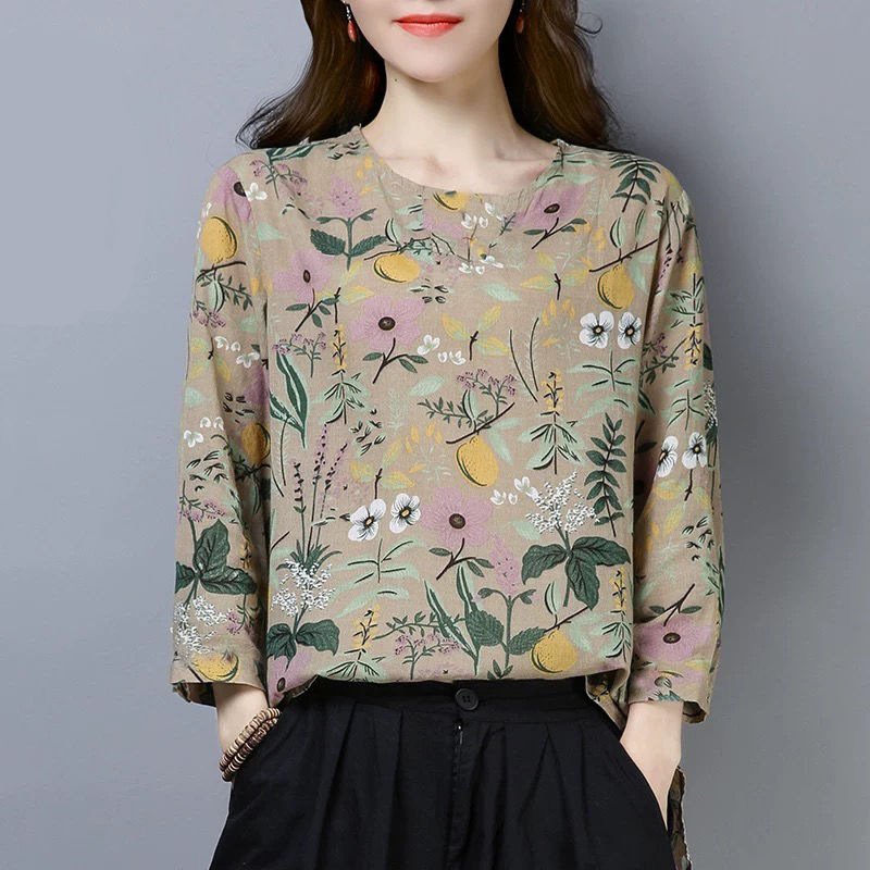 Women Long Sleeves Shirt Trendy Round Neck Retro Printing Tops Loose Large Size Casual Pullover T-shirt beige L