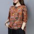 Women Long Sleeves Shirt Trendy Round Neck Retro Printing Tops Loose Large Size Casual Pullover T shirt beige XXXXL