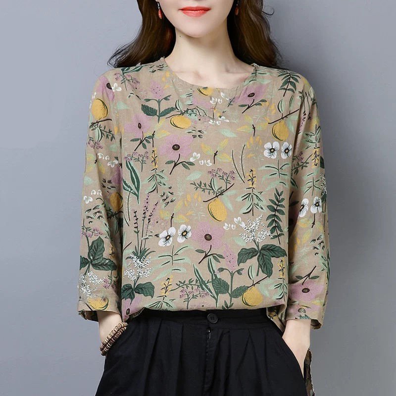 Women Long Sleeves Shirt Trendy Round Neck Retro Printing Tops Loose Large Size Casual Pullover T-shirt beige XXXXL