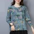 Women Long Sleeves Shirt Trendy Round Neck Retro Printing Tops Loose Large Size Casual Pullover T shirt blue L