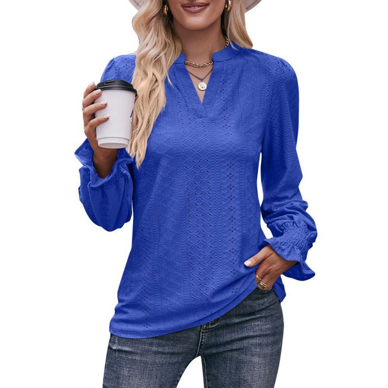 Women Long Sleeves Shirt V Neck Casual Solid Color Loose Blouse Elegant Hollow-out Pullover Tunic Tops