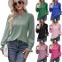 Women Long Sleeves Shirt V Neck Casual Solid Color Loose Blouse Elegant Hollow out Pullover Tunic Tops rose red XL