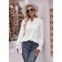 Women Long Sleeves Shirt V Neck Casual Solid Color Loose Blouse Elegant Hollow out Pullover Tunic Tops White L