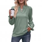 Women Long Sleeves Shirt V Neck Casual Solid Color Loose Blouse Elegant Hollow-out Pullover Tunic Tops