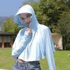 Women Long Sleeves Sun Protection Shirt Ice Silk Breathable Thin Hooded Jacket For Outdoor Fishing Hiking 6941 sky blue one size