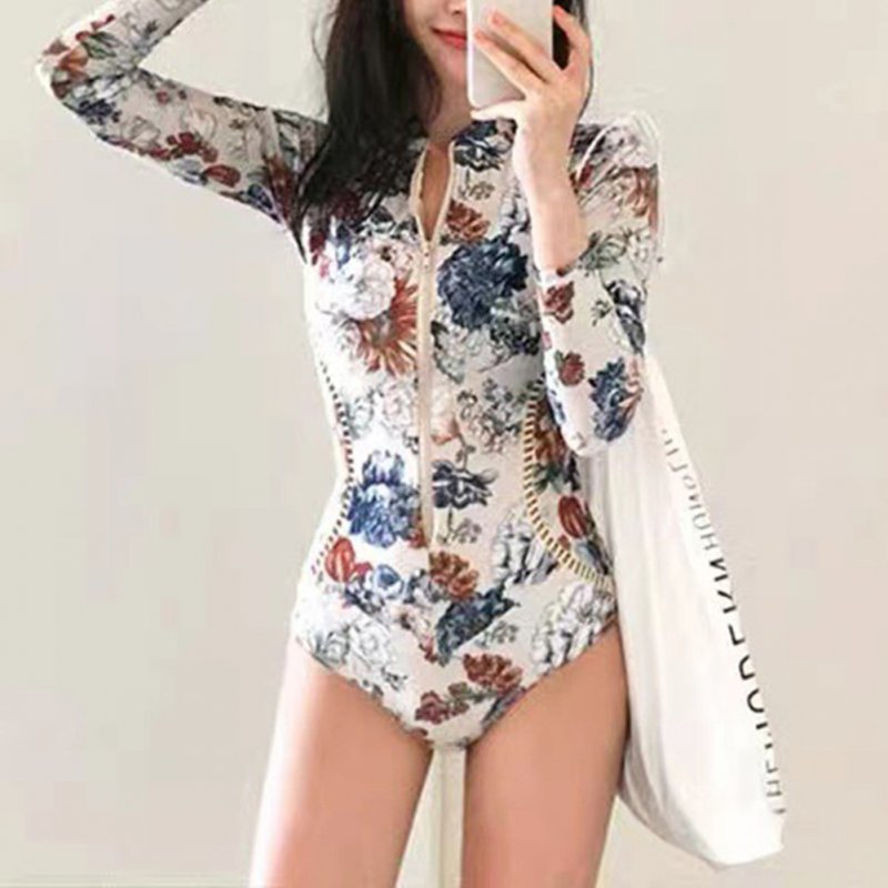 Women Long Sleeves Swimsuit Elegant Printing Sunscreen Quick-drying One-piece Swimwear For Hot Spring 2103 suits L