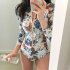 Women Long Sleeves Swimsuit Elegant Printing Sunscreen Quick drying One piece Swimwear For Hot Spring 2103 suits L