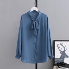 Women Long Sleeves T-shirt Large Size Professional Bottoming Shirt Elegant V Neck Solid Color Chiffon Blouse blue 2XL
