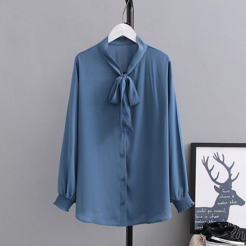 Women Long Sleeves T-shirt Large Size Professional Bottoming Shirt Elegant V Neck Solid Color Chiffon Blouse blue 5XL