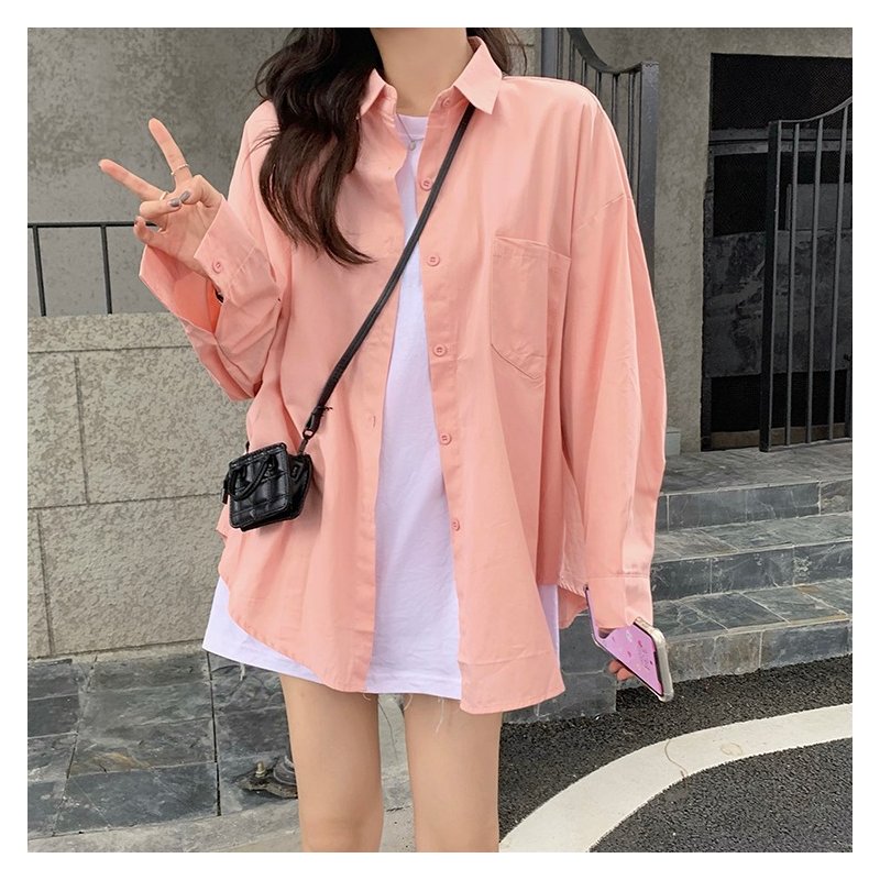 Women Long Sleeves T-shirt Fashion Lapel Solid Color Blouse Breathable Casual Single-breasted Cardigan Tops Pink S